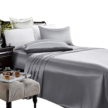 ARTALL Satin Sheets King Size 4 Pieces Silky Soft Bed Set Grey With 1 Deep Pocket Fitted Sheet 1 Flat Sheet 2 Pillow Cases