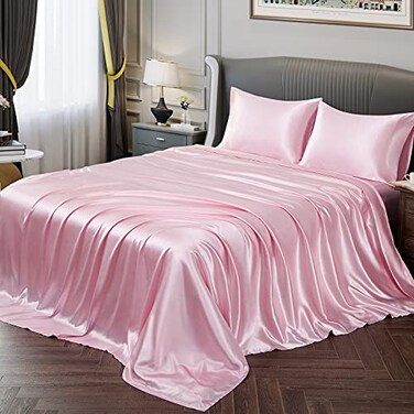Vonty Satin Sheets Full Size Silky Soft Satin Bed Sheets Pink Sheet Set 1 Deep Pocket Fitted Sheet 1 Flat Sheet 2 Pillowcases