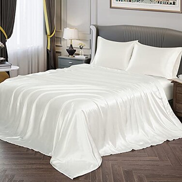 Vonty Satin Sheets Full Size Silky Soft Satin Bed Sheets Ivory White Sheet Set 1 Deep Pocket Fitted Sheet 1 Flat Sheet 2 Pillowcases