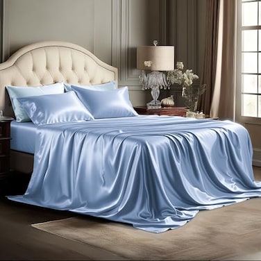 Bedsure Satin Sheets Queen Size 4 Piece Silky Bedsheets with 15 Inches Deep Pocket Fitted Bedsheet1 Flat Sheet 2 Satin Pillowcases Good for Hair Skin Queen Sky Blue