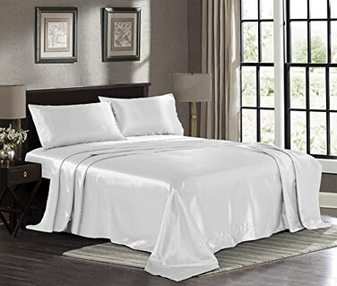Pure Bedding Satin Sheets King 4Piece White Hotel Luxury Silky Bed Sheets Extra Soft 1800 Microfiber Sheet Set Wrinkle Fade Stain Resistant Deep Pocket Fitted Sheet Flat Sheet Pillow Cases