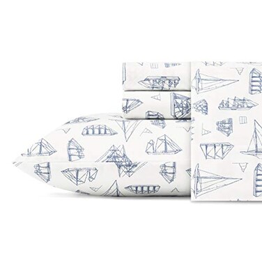 Nautica Twin Size Sheet Set Crisp Cotton Percale Bedding with Matching Pillowcase Lightweight Breathable Bed Sheets Deep Pocket College Dorm Room Essentials Whitewood Sail Blue