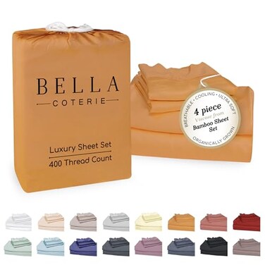 BC BELLA COTERIE Bella Coterie Luxury Bamboo Viscose Queen Size Sheet Set 100 Organically Grown Ultra Soft Cooling for Hot Sleepers 18 Deep Pocket Marigold
