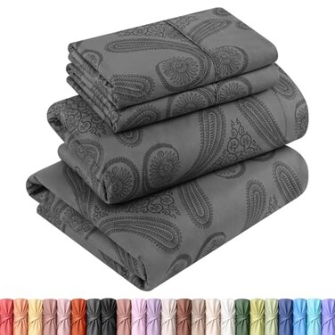 Utopia Bedding Queen Sheet Set Soft Microfiber 4 Piece Bed Sheets with 15 Deep Pocket Easy Care Brushed Microfiber Paisley Grey