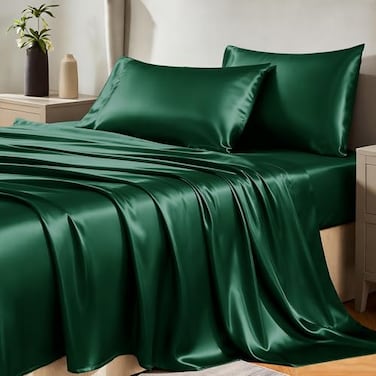 CozyLux Satin Sheets King Size Sheet Set Silky Soft Bedding Similar to Silk 4 Piece Sheets for Hair and Skin Deep Pocket with AllAround Elastic Home Decor for Bedroom Dark Green