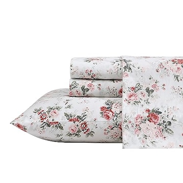 Laura Ashley Full Size Sheet Set Crisp Lightweight Cotton Percale Bedding with Fitted Sheet and Pillowcases Floral Room Decor Deep Pocket College Dorm Room Essentials Ashfield Pink