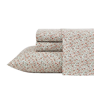 Laura Ashley Queen Size Sheet Set Crisp Cotton Percale Bedding with Matching Pillowcases Fully Elastic Fitted Sheet Deep Pocket Floral Room Decor Breathable AllSeason Comfort Emogene Orange