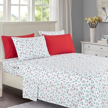 Elegant Comfort Luxury Soft Bed Sheets Holiday Pattern 1500 Premium Hotel Quality Microfiber Softness Wrinkle and Fade Resistant 6Piece Bedding Set Queen Pickup Tree
