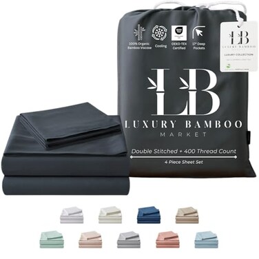 LB Luxury Bamboo Market Luxury Bamboo Market Queen Size Bed Sheet Set 100 Viscose Made from Bamboo Organically Grown Ultra Soft Cooling Sheets for Hot Sleepers 17 Deep Pocket Charcoal Grey