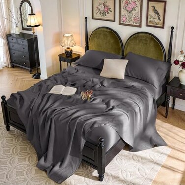 SONORO KATE 100 French Pure Linen Sheets Breathable and Durable Linen Queen Size Sheets AntiTear Linen Bed Sheets Machine Washable 16 Inch Deep Pocket 4 Piece Dark Grey Queen