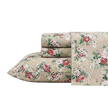 Laura Ashley Full Size Sheet Set Crisp Lightweight Cotton Percale Bedding with Fitted Sheet and Pillowcases Floral Room Decor Deep Pocket College Dorm Room Essentials Ashfield Beige