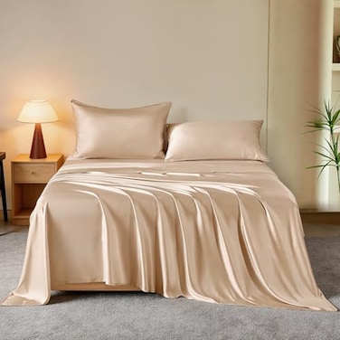 THXSILK Luxury Mulberry Silk Bed Sheets Set 4pcs Silk Sheets Set 16 Deep Pocket 1 Fitted Sheet 1 Flat Sheet 2 Pillowcases with Zipper Closure King Champagne