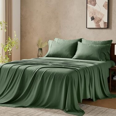 GOKOTTA Queen Size Bed Sheets 6 Piece Set 100 Rayon Derived from Bamboo Cooling for Hot SleepersLuxury Breathable Soft Sheets Deep Pocket 16 Fitted Sheet with Elastic Corner Straps Green
