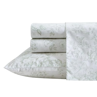 Laura Ashley Twin XL Sheet Set Crisp Lightweight Cotton Percale Bedding with Fitted Sheet and Pillowcase Floral Room Decor Deep Pocket College Dorm Room Essentials Toile Delight Green