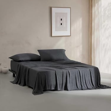 Calvin Klein Queen Size Sheets Set Naturally Soft CottonBlend Melange Jersey Bedding Bed Sheets with Matching Pillowcases Fitted Sheet Modern Cotton Gunmetal Grey
