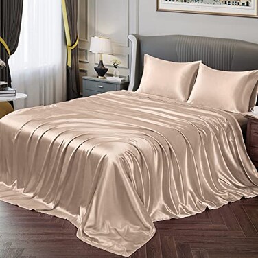 Vonty Satin Sheets King Silky Soft Satin Bed Sheets Amber Beige Sheet Set 1 Deep Pocket Fitted Sheet 1 Flat Sheet 2 Pillowcases