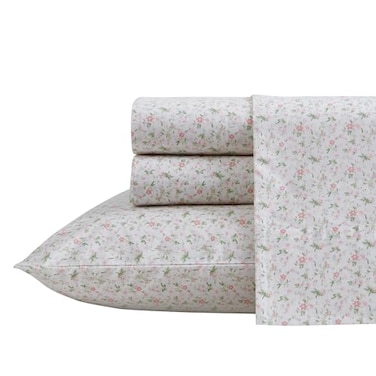 Laura Ashley Queen Size Sheet Set Crisp Cotton Percale Bedding with Matching Pillowcases Fully Elastic Fitted Sheet Deep Pocket Floral Room Decor Breathable AllSeason Comfort Evie Pink