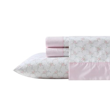 Laura Ashley Queen Size Sheet Set Crisp Lightweight Cotton Percale Bedding with Fitted Sheet and Pillowcases Floral Room Decor Deep Pocket College Dorm Room Essentials Lynda Pink