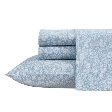 Laura Ashley Queen Size Sheet Set Crisp Lightweight Cotton Percale Bedding with Fitted Sheet and Pillowcases Floral Room Decor Deep Pocket College Dorm Room Essentials Heirloom Ditzy Blue