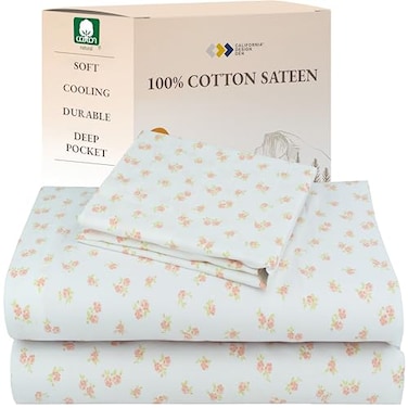 California Design Den Twin Floral Sheet Set 100 Cotton 12 Pocket Twin Sheets Pillowcase Set Soft Sateen Weave Chic Floral
