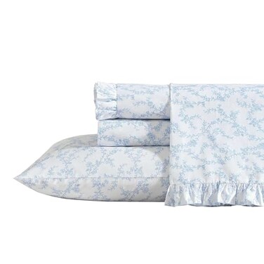 Laura Ashley Twin XL Size Sheet Set Crisp Cotton Percale Bedding with Ruffle Pillowcase Fully Elastic Deep Pocket Fitted Sheet Floral Room Decor Breathable AllSeason Comfort Victoria Blue