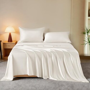 THXSILK Luxury Mulberry Silk Bed Sheets Set 4pcs Silk Sheets Set 16 Deep Pocket 1 Fitted Sheet 1 Flat Sheet 2 Pillowcases with Zipper Closure Queen White