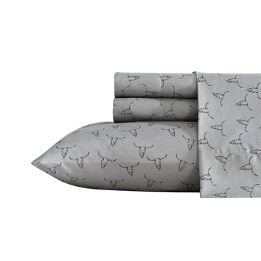 Wrangler King Size Sheet Set UltraSoft WrinkleResistant Bedding for Year Round Comfort Deep Pockets Bed Sheets with Matching Fitted Sheet Pillowcases Steer Skulls Grey