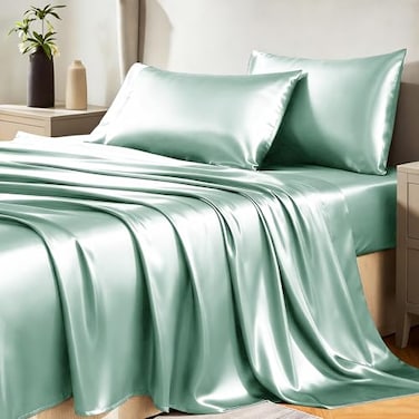 CozyLux Satin Sheets King Size Sheet Set Silky Soft Bedding Similar to Silk 4 Piece Sheets for Hair and Skin Deep Pocket with AllAround Elastic Home Decor for Bedroom Aqua
