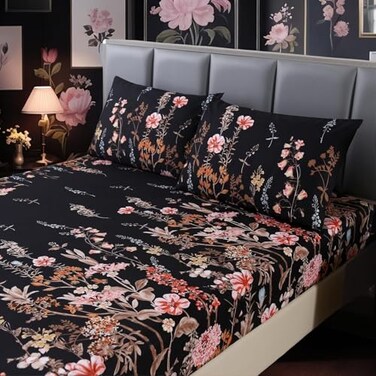MAG 3pcs Black Floral Queen Bed SheetMicrofiber Flower Boho Fitted Sheets with 1 Fitted Sheet and 2 Pillowcases14 Inches Deep Black Queen