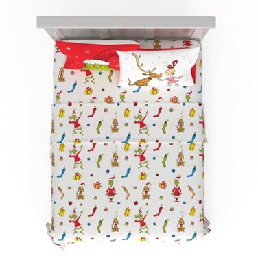 Franco Dr Seuss The Grinch Holiday Christmas Bedding Super Soft Microfiber 4 Piece Full Sheet Set Officially Licensed Product by