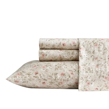 Laura Ashley Queen Size Sheet Set Soft Silky Cotton Sateen Bedding with Fitted Sheet and Pillowcases Floral Room Decor Deep Pocket College Dorm Room Essentials Bonnie Beige