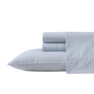 Nautica Twin XL Size Sheet Set Crisp Cotton Percale Bedding with Matching Pillowcase Lightweight Breathable Bed Sheets Deep Pocket College Dorm Room Essentials Penny Pinstripe Blue