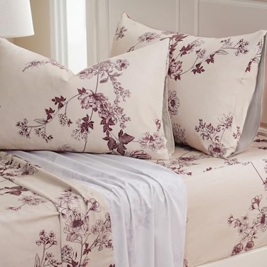Zusbest Queen Sheet Set 100 Percale Cotton Red Floral Bed Sheet Set Brushed for Extra Softness Luxury Toile Flannel Like Sheets Shabby Vintage Flower Print Deep Pocket Sheets 175 4 Pcs