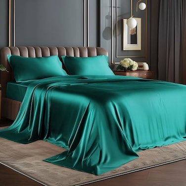 BEDELITE Satin Sheets Queen Size Bed Set Luxury Soft Teal Silky Sheets for Hair and Skin Similar to Silk Bed Sheets Set 4 Pieces 1 Deep Pocket Fitted Sheet 1 Flat Sheet and 2 Pillowcases