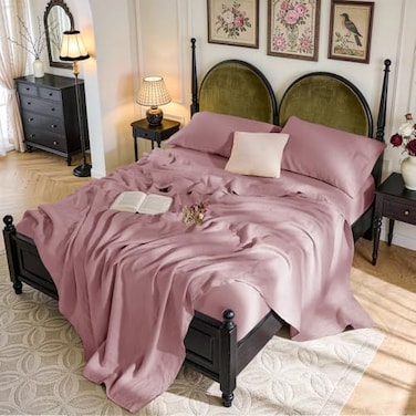 SONORO KATE 100 French Pure Linen Sheets Breathable and Durable Linen King Size Sheets AntiTear Linen Bed Sheets Machine Washable 16 Inch Deep Pocket 4 Piece Embroidery Purple King