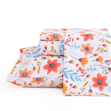 JSD Spring Floral Printed Sheet Set Queen Size 4 Piece Flower Pattern Microfiber Bed Sheets Deep Pocket