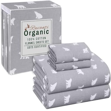 RUVANTI Flannel Sheets Full Size GOTS 100 Organic Cotton 4 Piece Warm Soft Breathable Set Deep Pocket Snug Fit Double Brushed Cozy All Season Bedding Baby Bear