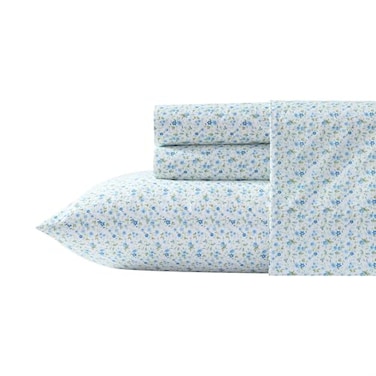 Laura Ashley Queen Size Sheet Set Crisp Lightweight Cotton Percale Bedding with Fitted Sheet and Pillowcases Floral Room Decor Deep Pocket College Dorm Room Essentials Evie Blue