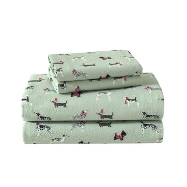 Laura Ashley Flannel Sheets King Size AntiPilling Wrinkle Resistant Cotton Touchably Soft for AllSeason Comfort Bed Sheets with Matching Pillowcases Fitted Sheet Holiday Pups Green