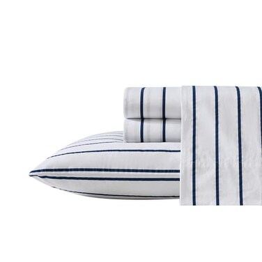 Nautica Twin XL Size Sheet Set Crisp Cotton Percale Bedding with Matching Pillowcase Lightweight Breathable Bed Sheets Deep Pocket College Dorm Room Essentials Brenton Stripe Blue