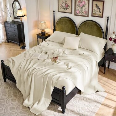 SONORO KATE 100 French Pure Linen Queen Size Sheets Breathable and Durable 16 Inch Deep Pocket 4 Piece Cream