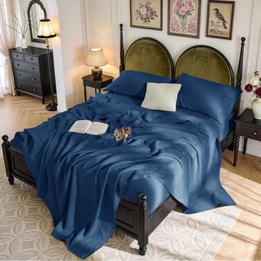 SONORO KATE 100 French Pure Linen Sheets Breathable and Durable Line Queen Size Sheets AntiTear Line Bed Sheets Machine Washable 16 Inch Deep Pocket 4 Piece Navy Blue Queen