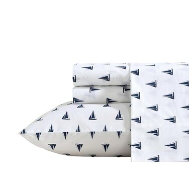 Nautica Queen Size Sheet Set Crisp Cotton Percale Bedding with Matching Pillowcases Lightweight Breathable Bed Sheets Deep Pocket College Dorm Room Essentials Windtale Boat Blue