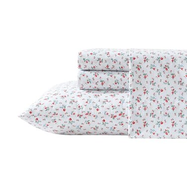 Laura Ashley Full Size Sheet Set Crisp Lightweight Cotton Percale Bedding with Fitted Sheet and Pillowcases Floral Room Decor Deep Pocket College Dorm Room Essentials Aylesmore Ditsy Red