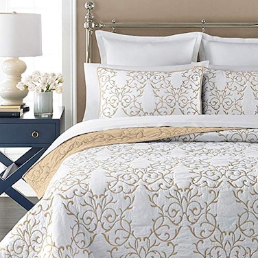 mixinni Quilt Twin Size Reversible 2Piece Beige Embroidery Pattern Elegant Quilt Set with Embroidered Decorative Sham Soft BedspreadCoverlet SetTwin