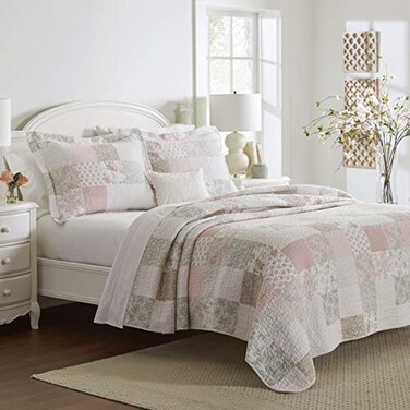 Laura Ashley Queen Quilt Set Soft Lightweight Bedding with Matching Shams Reversible Room Decor College Dorm Room Essentials Celina Patchwork Pink
