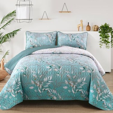 Anibedding Aninbedding Floral King Quilt Set3 Piece Gradient Aqua Green Flower Pattern Bedspread Coverlet Set for All SeasonSoft Lightweight Microfiber Bedding Set104x90