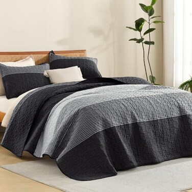 Litanika California King Quilt Set Black White Grey Cal King Oversized Stripe Comforter Gray Bedspreads Coverlets Soft Lightweight Quilted Bedding Set for All Season1 Quilt 2 Pillowcases