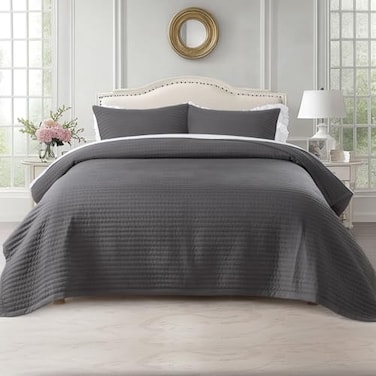 KASENTEX Twin Quilt Set 68x86 Soft Washed 3Layer Lightweight Bedspread Minimalist Nordic Design AllSeason Spring Summer Quilt Set 1 Quilt 2 Pillow ShamsTornado Dark Grey