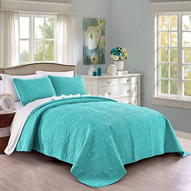 Pure Bedding Quilt Set KingCal KingCalifornia King Size Aqua Oversized Bedspread Soft Microfiber Lightweight Coverlet for All Season 3 Piece Includes 1 Quilt and 2 Shams Geometric Pattern